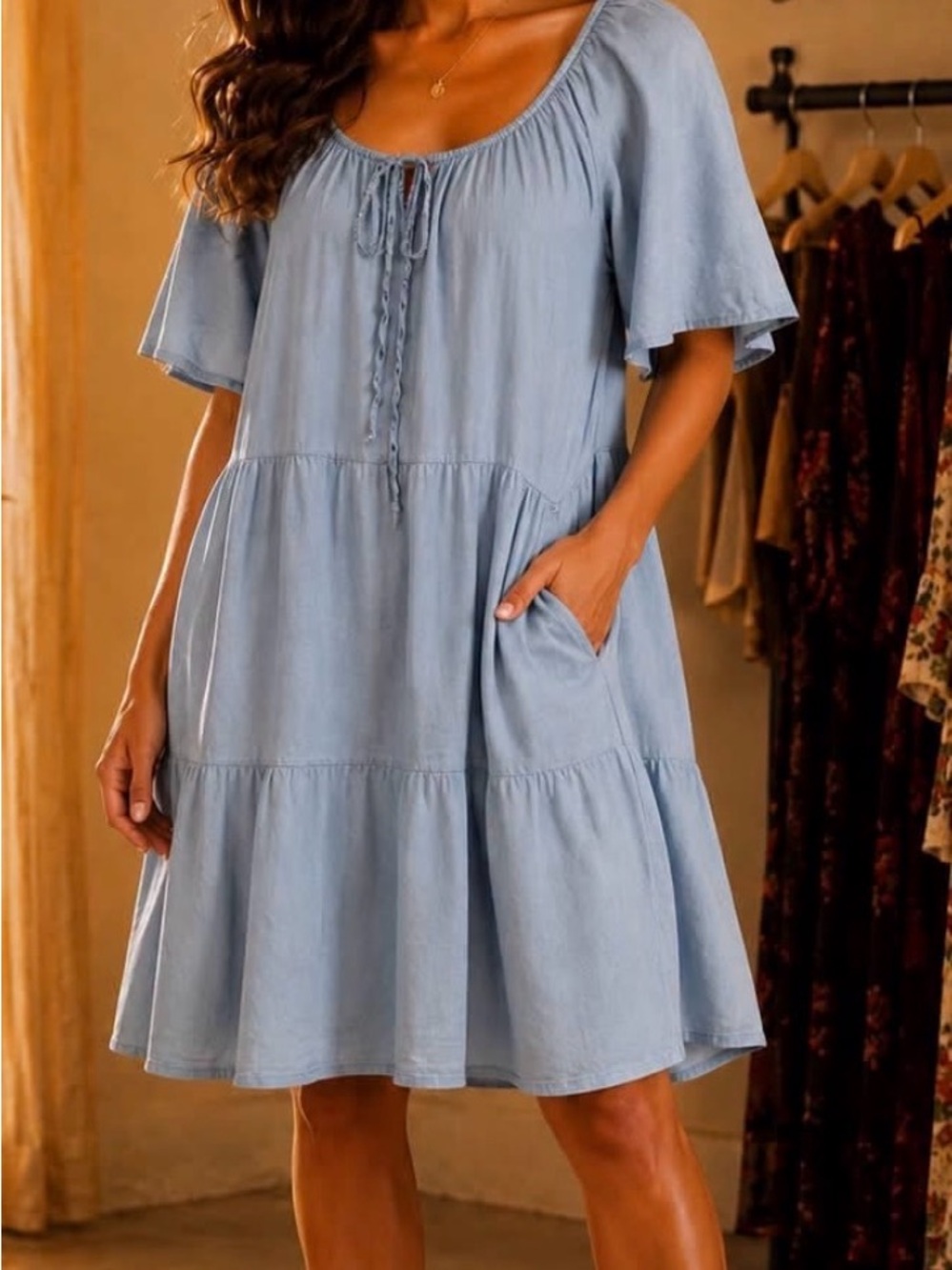 Casual Light Blue Tiered Tie-Front Dress with Pockets